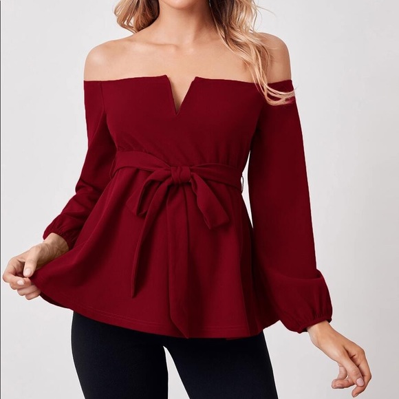 MATERNITY Red Burgundy off shoulder belted blouse - Picture 2 of 10